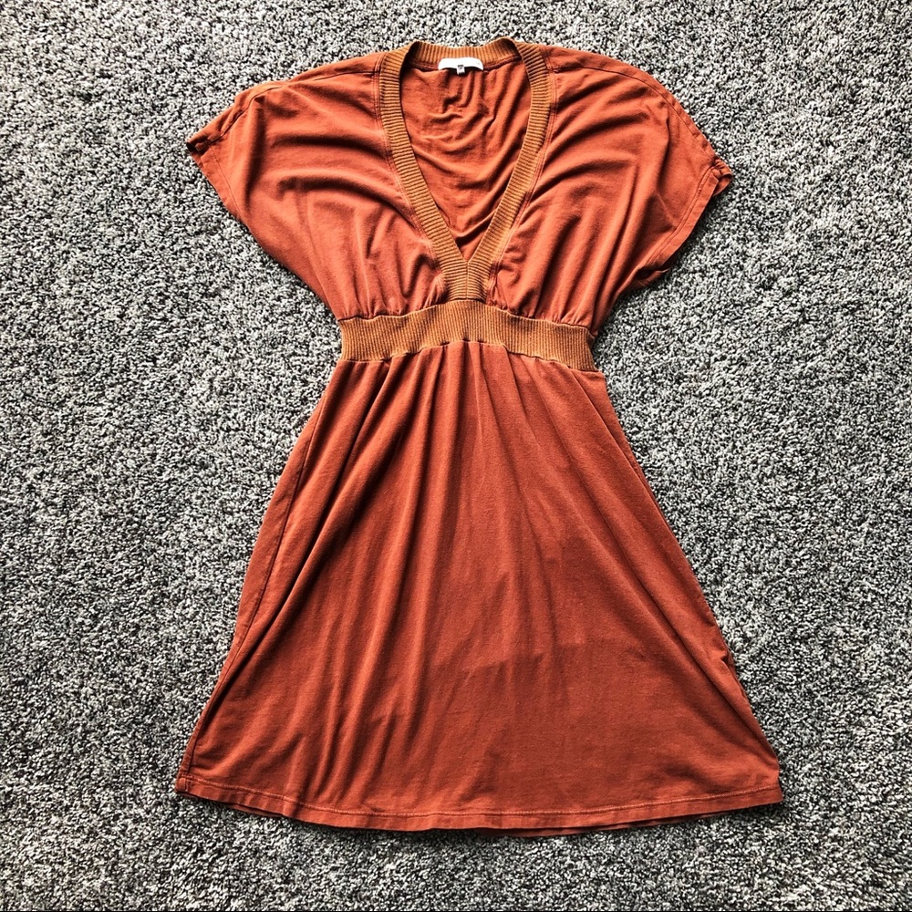 James Perse rust deep V short sleeve mini dress